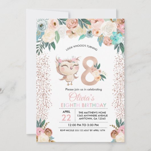 ピーチフクロウ八誕生日招待状 招待状 (正面)