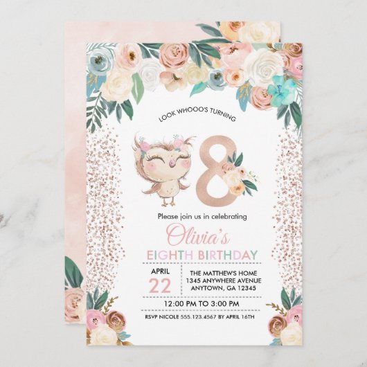 ピーチフクロウ八誕生日招待状 招待状 (正面/裏面)