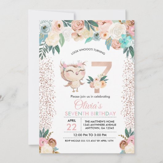 ピーチフクロウ7番目の誕生日招待状 招待状 (正面)