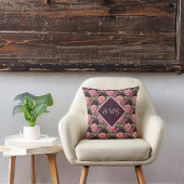 ピーチフラワーオンパープルダイアモンズモノグラム クッション