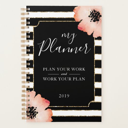 ピーチフラワーストライプ白黒金ゴールドプランナー プランナー手帳 (正面)
