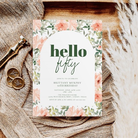 ピーチフラワーズアーチモダントレンディー50誕生日 招待状