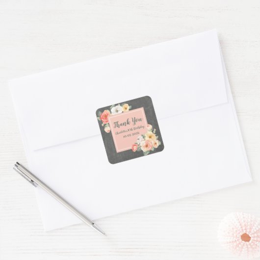 ピーチフラワーズサンキューホテル誕生日メッセージカード スクエアシール (封筒)
