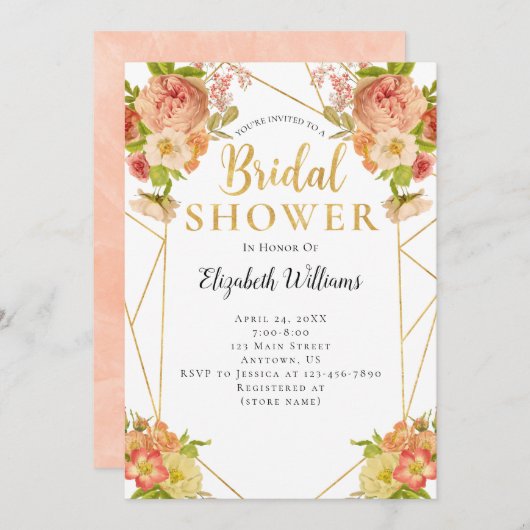 ピーチフラワーズジオメトリックフレームブライダルシャワー 招待状 (正面/裏面)