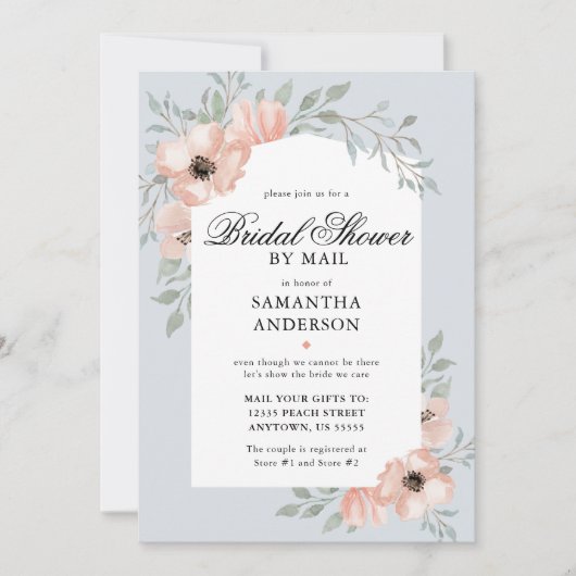 ピーチフラワーズダスティブルーブライダルシャワーバイメール 招待状 (正面)