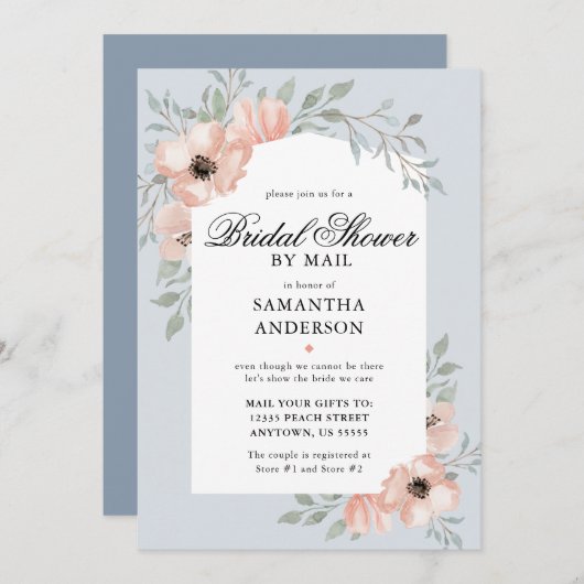 ピーチフラワーズダスティブルーブライダルシャワーバイメール 招待状 (正面/裏面)