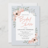 ピーチフラワーズダスティブルー手書きブライダルシャワー 招待状 (正面)