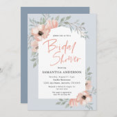 ピーチフラワーズダスティブルー手書きブライダルシャワー 招待状 (正面/裏面)