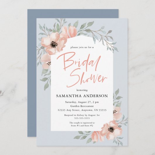 ピーチフラワーズダスティブルー手書きブライダルシャワー 招待状 (正面/裏面)