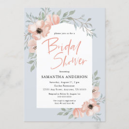 ピーチフラワーズダスティブルー手書きブライダルシャワー 招待状