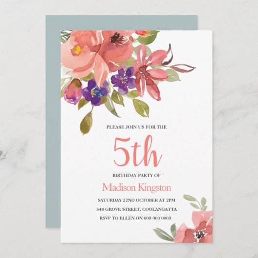 ピーチフラワーズチルドバースデーパーティー招待状 招待状 (正面/裏面)