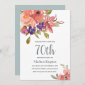 ピーチフラワーズティール（緑がかった色）70thバースデーパーティー招待状 招待状 (正面/裏面)