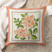 ピーチフラワーズニードルポイントルックカントリーヴィンテージ クッション (ブランケット)