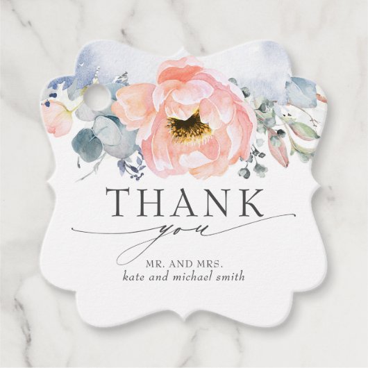 ピーチフラワーダスティブルー結婚の感謝 フェイバータグ (正面)