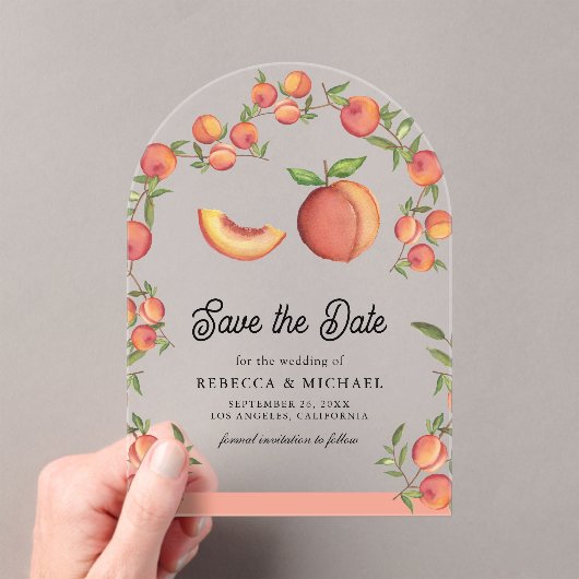 ピーチフルーツアーチウェディング日付を保存 アクリル招待状 (インサイチュ (ポータブル))