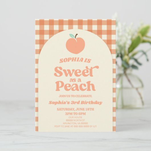 ピーチフルーツオレンジピンクの誕生日パーティーとして甘い 招待状 (スタンド正面)