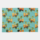 ピーチフルーツパターンヴィンテージティール（緑がかった色）オレンジ キッチンタオル (横)