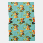 ピーチフルーツパターンヴィンテージティール（緑がかった色）オレンジ キッチンタオル (縦)