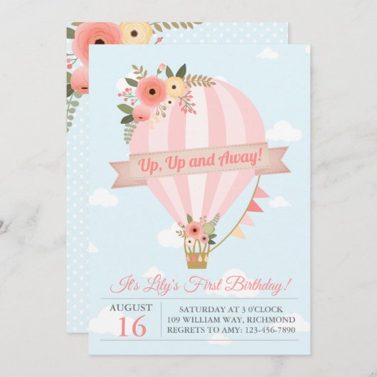 ピーチフローラアップアンド遠くに誕生日招待状 招待状 (正面/裏面)