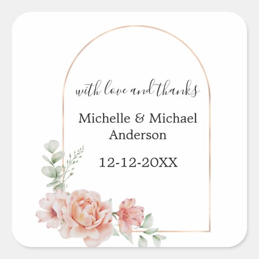 ピーチフローラウォーターカラーアーチ結婚式の引き出物 スクエアシール (正面)