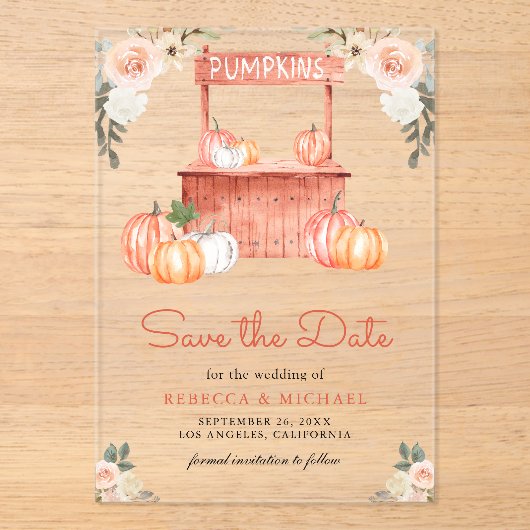 ピーチフローラカボチャ市場結婚式の日付を保存 アクリル招待状 (正面)