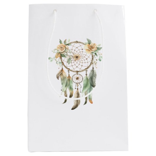 ピーチフローラグリーンドリームキャッチャー誕生日 ミディアムペーパーバッグ (正面)