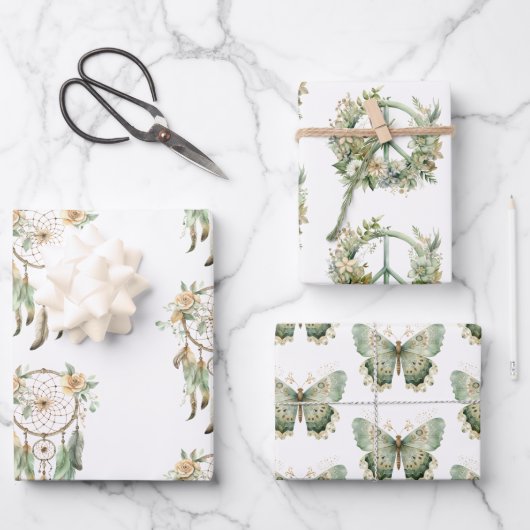 ピーチフローラグリーンドリームキャッチャー誕生日 ラッピングペーパーシート (正面)