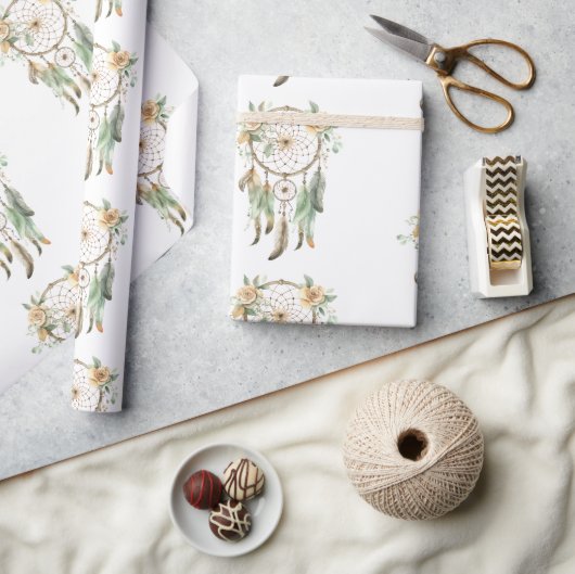 ピーチフローラグリーンドリームキャッチャー誕生日 ラッピングペーパー (クラフト)