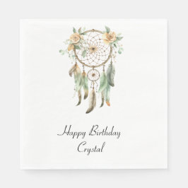 ピーチフローラグリーンフェザーズドリームキャッチャー誕生日 スタンダードランチョンナプキン