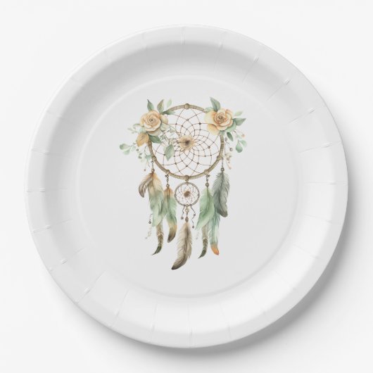 ピーチフローラグリーンフェザーズドリームキャッチャー誕生日 ペーパープレート (正面)