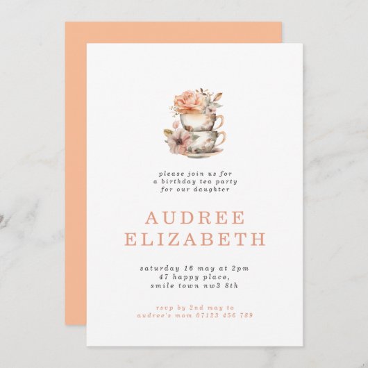 ピーチフローラティーパーティー誕生日 招待状 (正面/裏面)