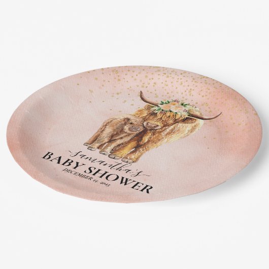 ピーチフローラハイランドカウカーフベビーシャワー ペーパープレート (アングル)