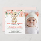 ピーチフローラバニー写真1st誕生日招待状 招待状 (正面/裏面)