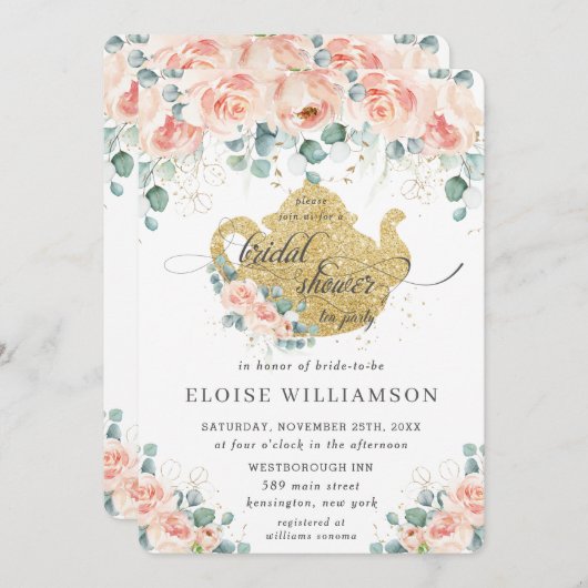 ピーチフローラバラグリーンリーブライダルシャワーティーパーティー 招待状 (正面/裏面)