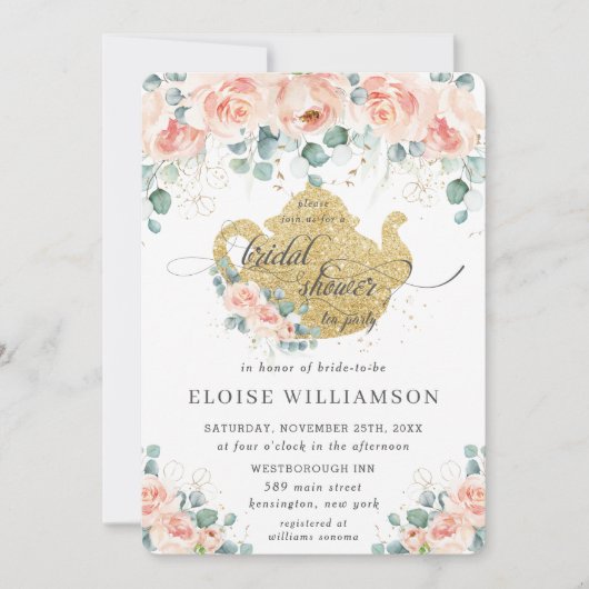 ピーチフローラバラグリーンリーブライダルシャワーティーパーティー 招待状 (正面)