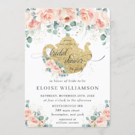 ピーチフローラバラグリーンリーブライダルシャワーティーパーティー 招待状