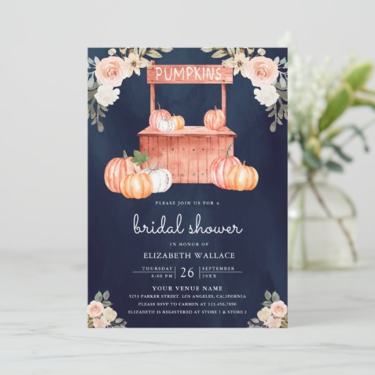 ピーチフローラパンプキンマーケットネイビーブライダルシャワー 招待状 (スタンド正面)