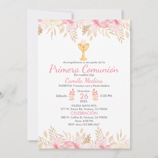 ピーチフローラファーストコミュニオンチエレガントャイス 招待状 (正面)