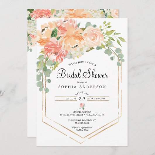 ピーチフローラブライダルかわいらしシャワーの招待 招待状 (正面/裏面)