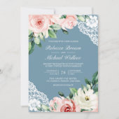 ピーチフローラレースダスティブルーQRコード結婚ズ 招待状 (正面)