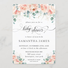 ピーチフローラ素朴バラグリーンベビーシャワー 招待状