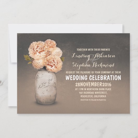 ピーチフローラ絵を描メイスンジャー結婚式招待状 招待状 (正面)