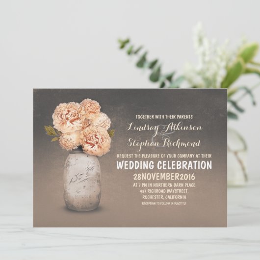 ピーチフローラ絵を描メイスンジャー結婚式招待状 招待状 (スタンド正面)