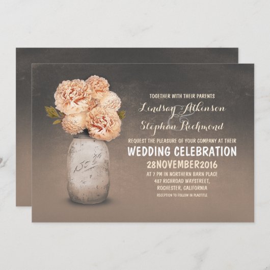 ピーチフローラ絵を描メイスンジャー結婚式招待状 招待状 (正面/裏面)