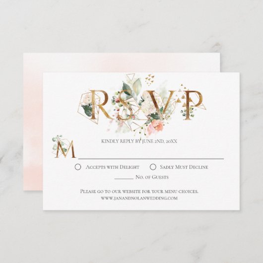 ピーチフローラ金ゴールドテラリウム様式化RSVP 出欠カード (正面/裏面)