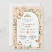 ピーチフローラ金ゴールドバタフライウォーターカラーキンセアニラ 招待状 (正面)