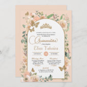 ピーチフローラ金ゴールドバタフライウォーターカラーキンセアニラ 招待状 (正面/裏面)