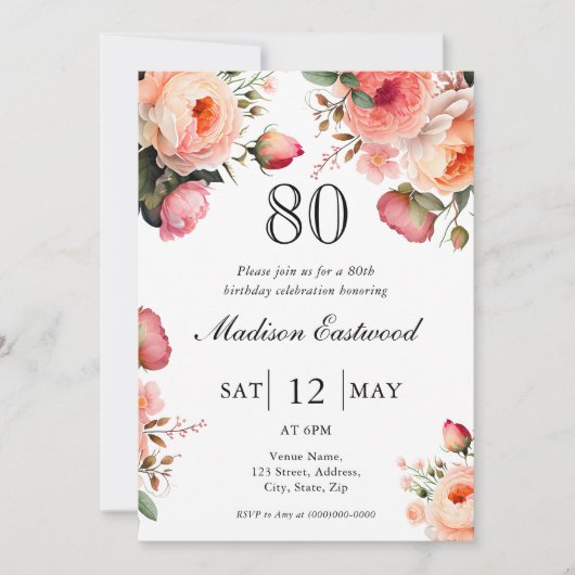 ピーチフローラ80番目の誕生日招待状 招待状 (正面)