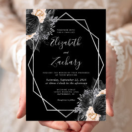 ピーチブラックフローラシルバーフレ結婚ーム 招待状