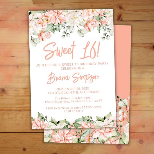 ピーチブラッシュアイボリーフラワーSweet16誕生日パーティー 招待状